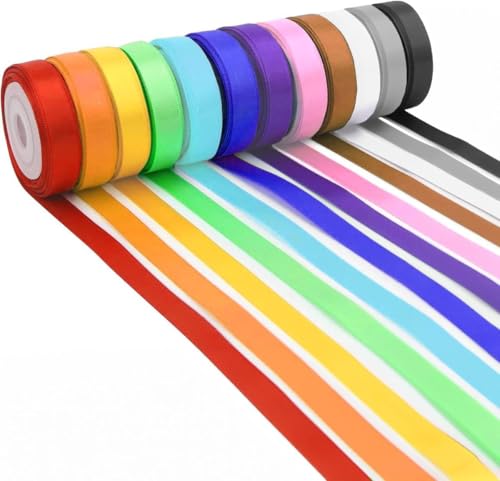 Fita de raso, 12 fitas de tecido colorido, 10 mm x 22 m para embrulhar presentes, laços de bricolage, decoração de casamentos, balões e aniversários.