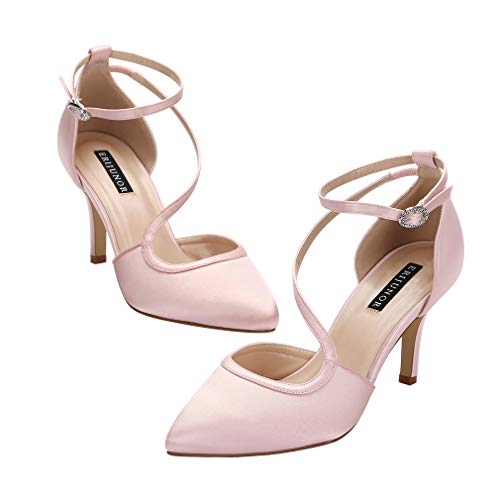 ERIJUNOR sapato feminino confortável salto médio tiras no tornozelo vestido escarpim bico fino cetim