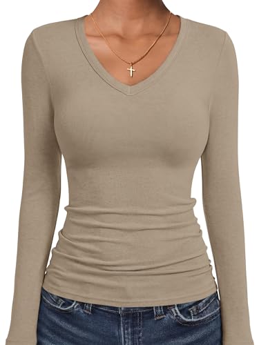 ANRABESS Women's Wool Blend Long Sleeve V Neck Shirts,Light Khaki,L
