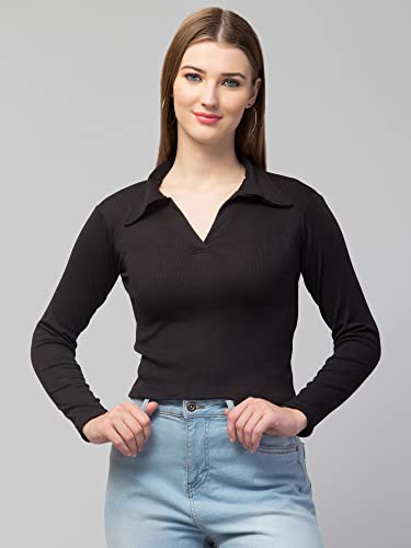 Image of Ribbed Polo Collar Full Sleeves Tops for Women