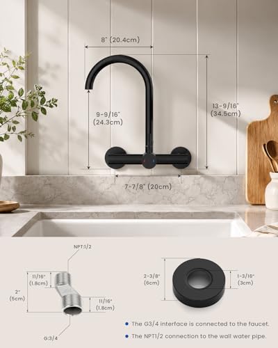 Image of Wall Mount Kitchen Faucet, 8 Inch Center, Matte Black, Lead-Free | Single Handle, 360 Swivel, NSF /ANSI /CAN 372 Lead-free, CEC /DOE 1.8 GPM, 2-hole, Spot-resistant, DIY friendly, No Deck Mess
