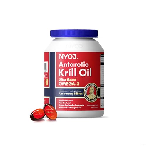 NYO3 Huile de Krill 1000mg Omega 3 EPA & DHA, Huile de Krill Antarctique pure avec Astaxanthine, soutient le cerveau, la peau et le système immunitaire, testé en laboratoire,90 capsules molles