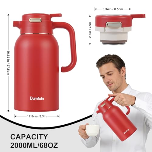 Image of 68 Oz Thermal Coffee Carafe, Stainless Steel Insulated Vacuum Coffee Carafes For Keeping Hot Liquid Thermal Pot Creamer Pitcher Dispenser(Red /Red)
