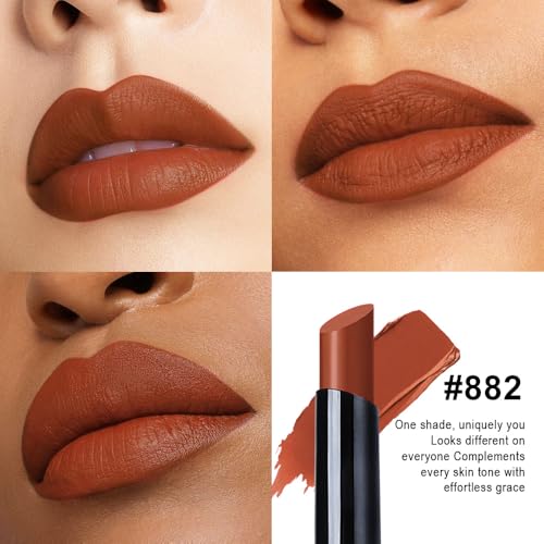 Image of evpct Coral Brown Velvet Matte Lipstick, High Pigmented Slim Lipstick Long Lasting Waterproof for Women Gift, Velvet Silky Lip Stick Stain Color Makeup Blendable 24 Hours Original Makeup Labiales,882#