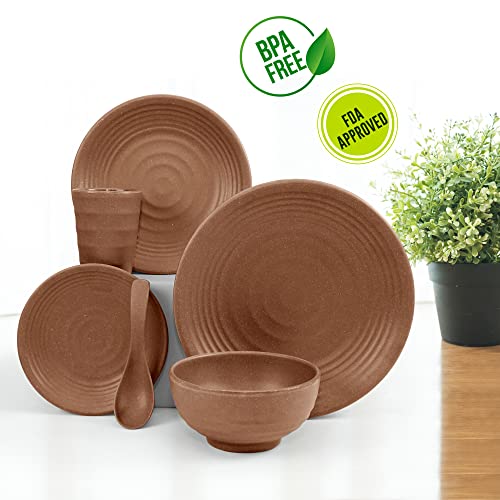Tranquillo Dinnerware Set For 4 - Unbreakable Melamine 26-Piece Lightweight Plates, Dishes, Bowls Dishwasher Safe Tableware Set For Dining - Dark Brown #TOP1