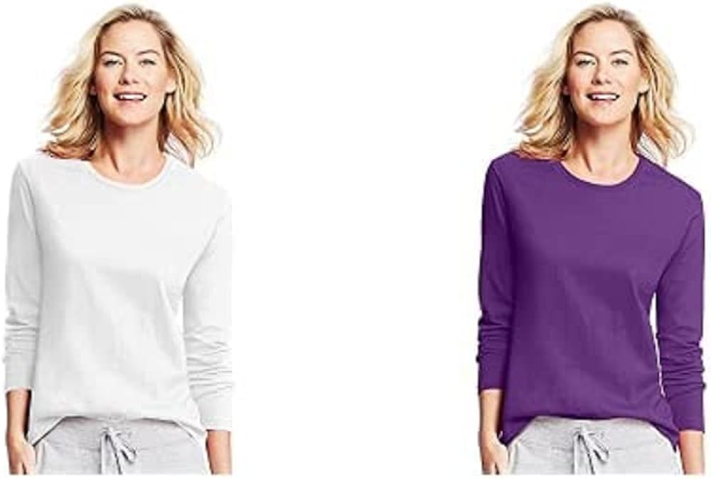 Hanes Womens Perfect-T Long Sleeve T-Shirt - 2 Pack Medium Hanes Navy & Violet Splendor