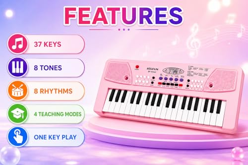 Image of Braintastic Kids Piano Keyboard with Microphone, 37 Keys, 8 Rhythms, 8 Tones with 6 in-Built Demos & Song Recording Feature for Boys & Girls (Pink)