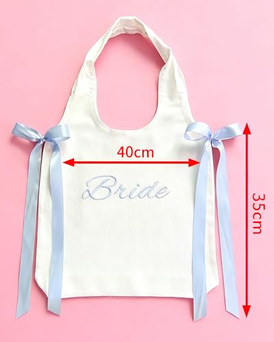 Bolso Tote blanco de lona con lazos azul satín miniatura 6