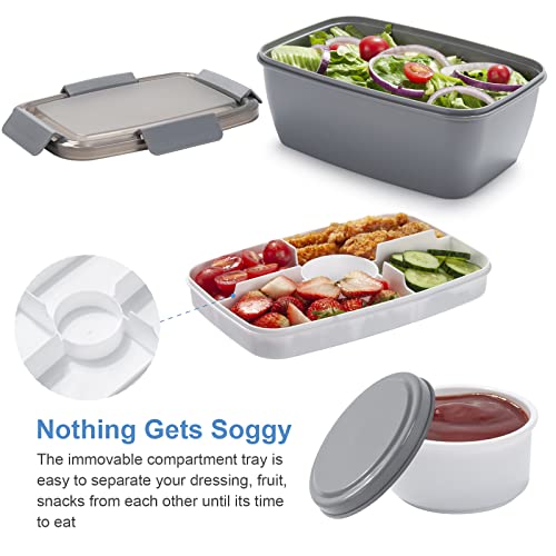 Image of Freshmage Salad Lunch Container To Go, 68-oz Grey-XL, Leak-proof Lid, 4 Compartments, Sauce Container, Safe Material, Easy Carry