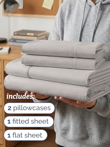 Image of Twin XL 4 Piece Sheet Set - College Dorm Room Essentials - Light Grey | Ultra Soft Dorm Bedding Set, 8 inch to 16 inch Inch Deep Pockets, 1 Flat & 1 Fitted Sheet & 2 Pillowcases, Wrinkle & Fade Free