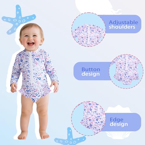 Toddler Girl Swimsuit UPF 50+ One-Piece Rash Guard with Button - Long Sleeve Sun Protection Swimwear2