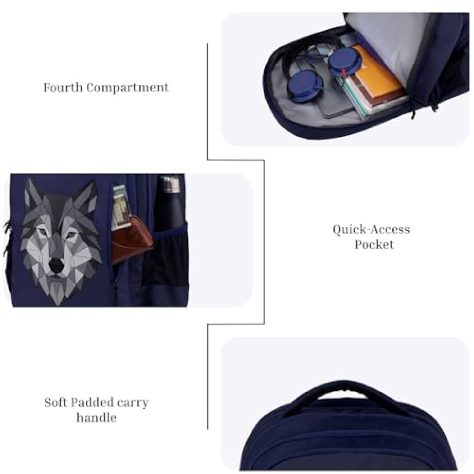 Tobari Navy 38L School Backpack with Wolf Print Design