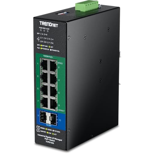 TRENDnet 10-Port Industrial Gigabit L2 Managed PoE+ DINRail Switch 24 – 57V, TI-PG103i, 8 x Gigabit PoE+ Ports, 2 x SFP Ports, 20Gbps, IP40, Ethernet Splitter, NDAA & TAA Compliant