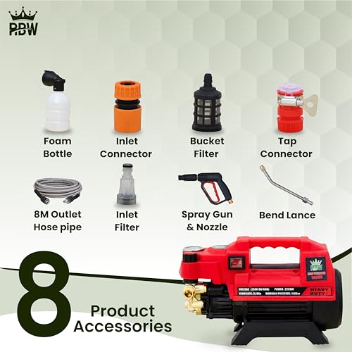 Image of RBW High Pressure Washer with Brass Coated Pump | 120-150 Bar Spray Gun with 26 Feet Hose Pipe | 7 L /M Water Flow for Home, Car, Wash Cleaning Purpose (P-400,Red)