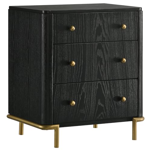 Coaster Home Furnishings - Arini - Wood - 3-Drawer Nightstand with Dual USB Ports, Felt-Lined Top Drawer, Aged Brass Round Knobs and Metal Base - Bedroom - Black - 224332