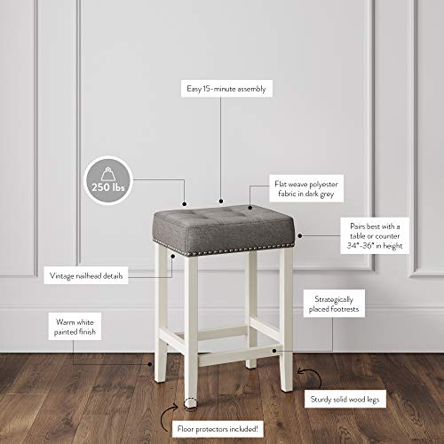 Nathan James Hylie Nailhead Wood Pub-Height Kitchen Counter Bar Stool 24", Tufted Gray/White #TOP3