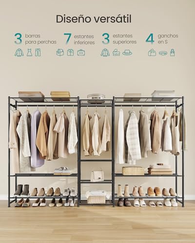 SONGMICS Perchero, Armario Abierto, Guardarropa con 10 Estantes, 3 Barras para Perchas, 4 Ganchos en S, Metal, para Dormitorio, Salón o Recibidor, Negro LGR011BZ01 - imagen 3