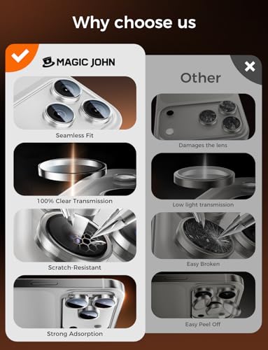 Image of MAGIC JOHN 2 pack for iPhone 17 Pro Max /17 Pro Camera Lens Protector,Clear | [Alignment Kit&1:1 Invisible Fit] 9H Aerospace Tempered Glass, Ultra HD, Metal Individual Ring