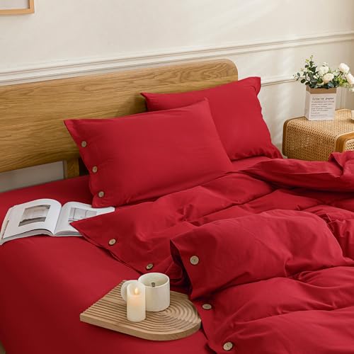 Image of JELLYMONI Cotton Duvet Cover King Size - Crimson Red Comforter Cover with Button 100% Washed Cotton 3PCS Breathable Soft Solid Bedding Set Duvet Cover 104x90in & 2 Pillowcases (NO Comforter)
