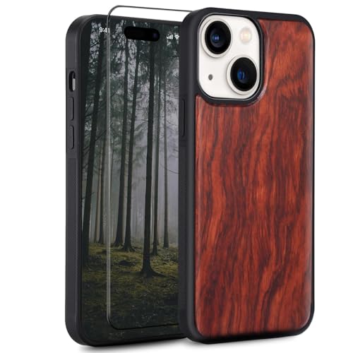Amnirk Wood Case for iPhone 15 - Real Natural Wood,- Slim Shockproof Hybrid Wooden Cover (Rosewood, iPhone 15)