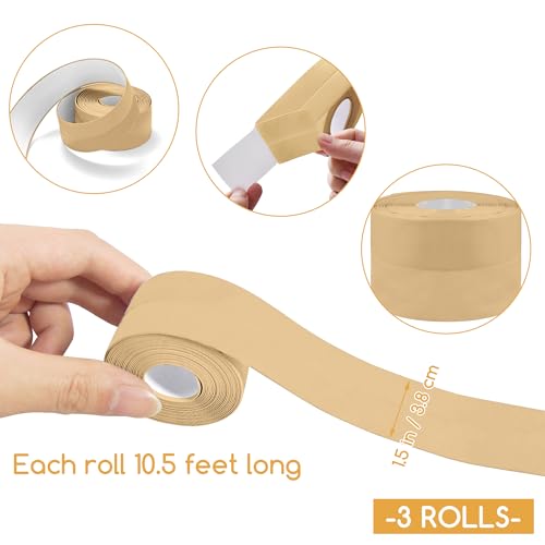 Image of 3 Rolls 1.5 Inch Caulk Tape Self Adhesive Toilet Caulking Strip Bathroom Sealing Caulk Strip Peel and Stick Bathtub Caulking Tape, 10.5 Feet Each Roll (Almond)