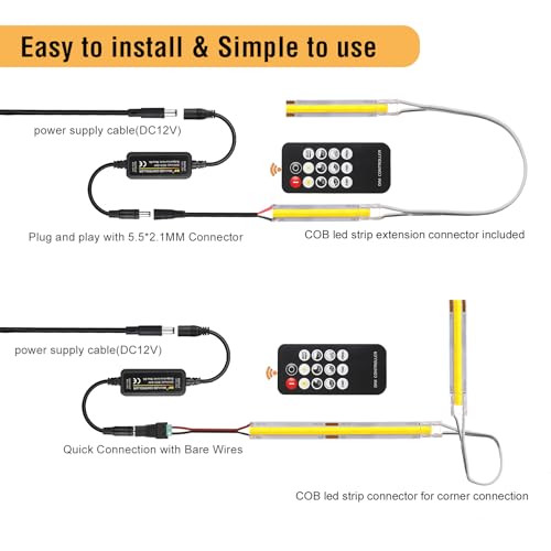 Image of Dimmable Warm White COB LED Strip Light Kit 16.4ft with RF Remote & UL 12V Power Supply 3000K CRI93+ No Dark Spots Tape Lights for Indoor Cabinet, Bedroom, DIY Craft, Wall Accent Lighting