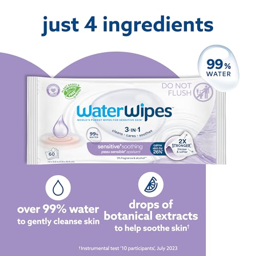 WaterWipes Plastic-Free Soothing Clean 99% Water Based Botanical Baby Wipes, Unscented & Hypoallergenic for Sensitive Skin, 12 Resealable Packs (720 Wipes) by WaterWipes - Image 2