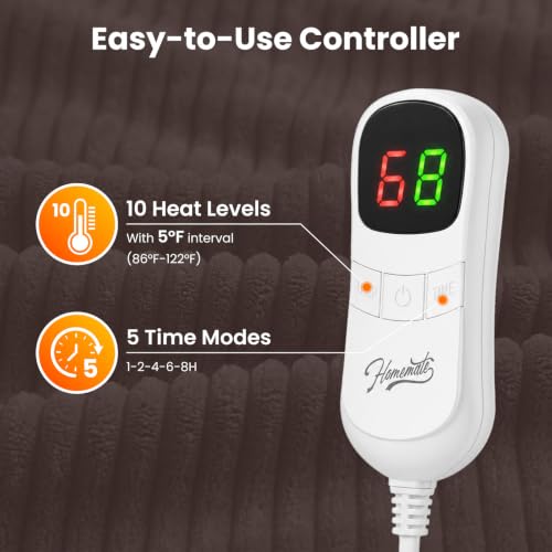 Image of Homemate Heated Blanket Electric Throw - 50 inchx60 inch Heating Blanket Throw 1 /2 /4 /6 /8 Hours Auto-Off 10 Heat Levels Over-Heat Protection Soft Flannel Sherpa Heater ETL Certification