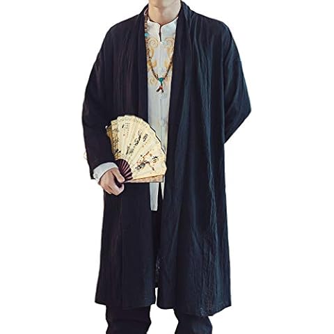 HAORUN Men Cotton Linen Kimono Loose Coat Yukata Japanese Jackets Long Bathrobe Casual - black - XL Cover