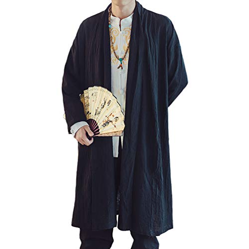 HAORUN Men Cotton Linen Kimono Loose Coat Yukata Japanese Jackets Long Bathrobe Casual