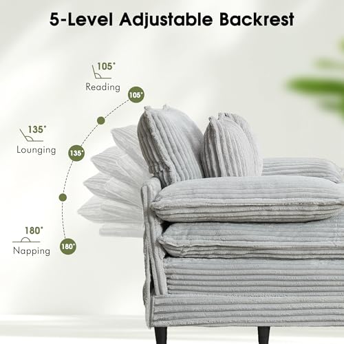 Image of WESTSETLUX 54.8 inch W Oversized Chaise Lounge Chair Indoor with 5-Position Adjustable Backrest, Corduroy Sleeper Sofa Bed with 3 Pillows, Modern Cloud Couch Chair for Living Room, Bedroom, Grey