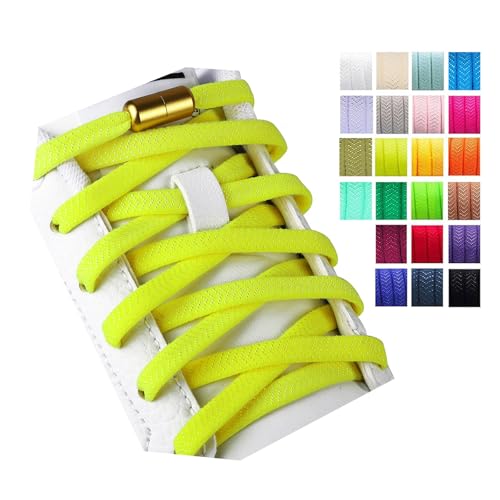 Olukssck 2 Paar Elastische Schnürsenkel Ohne Binden, Schuhbänder mit Metall Lock, Schnürsenkel Schnellverschluss für Kinder Erwachsene Schuhe, Neon Gelb