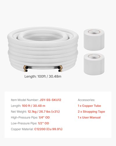 Image of VEVOR 100ft Mini Split Line Set, 1 /4 inch & 1 /2 inch OD AC Copper Tubing Pipe, 3 /8 White PE Thickened Insulated Coil with Flared Nuts, Strapping Tapes, for Mini Split Air Conditioner HVAC or Heat Pump System