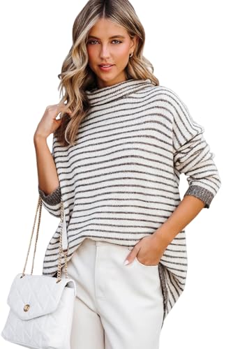 Women's Chic and Classic Khaki Striped Turtleneck Loose Sweater