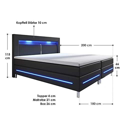 Boxspringbett Juskys Norfolk 180×200 cm mit LED-Beleuchtung
