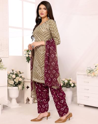 Image of Yashika Women's Printed Dress Material - Unstitched Crepe Fabric Kurti, Pants & Dupatta Set (AZ-YS-P4-HIRAL BANDHANI)