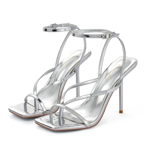Elisabet Tang Sandalias de tacón para mujer, con puntera abierta, hebilla al tobillo, elegantes zapatos de vestir, plateado, 39.5 EU