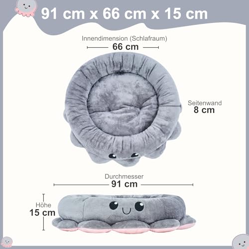 Jiupety süße, beruhigende Hundebetten für große und extra-Hunde, Angstpolster, Octopus-Form, Grau, XL, Boho, rundes Haustierbett mit abnehmbarer Katzenkissen