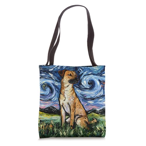Bolso tote con arte de noche estrellada para amantes de los perros Black Mouth Cur miniatura 1