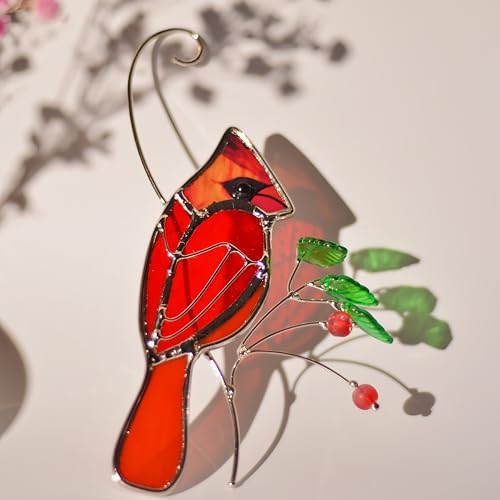 Cardinal Stained Glass Window Hanging, Suncatchers for Windows Birthday Gift for Mom Multicolor Stained Glass Suncatcher Window Panel Cardinal Window Hanging Personality Ornament Decoration (B)