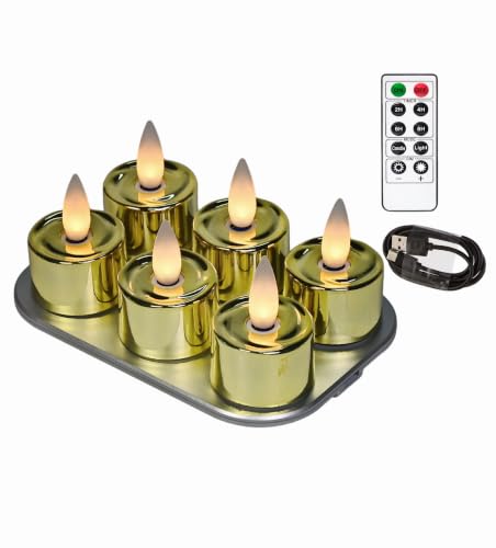 Image of Rechargeable Flameless Tealights Candle with Remote Timer, 3D Moving Flame Real Wax Led Tealight Candles (High Shine Gold, 1.4in)
