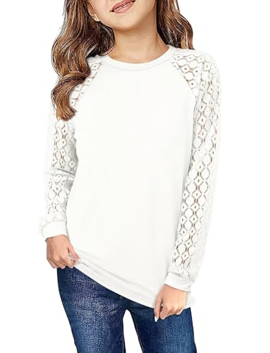 Image of Yoklass Girls Long Sleeve Shirts Kids Lace Casual Cute Crew Neck Top Sizes 5-14 Years