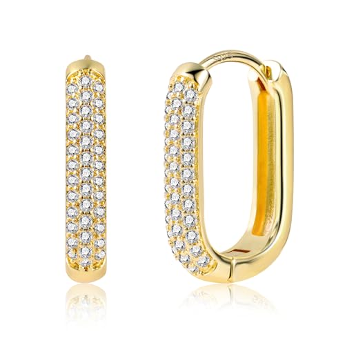 Boucle D'oreille Carré Femme Argent 925 Sterling Créoles Rectangle Plaqué Or 14K Creoles Petit Acier Inoxydable avec Zircon Hypoallergéniques Boucle...