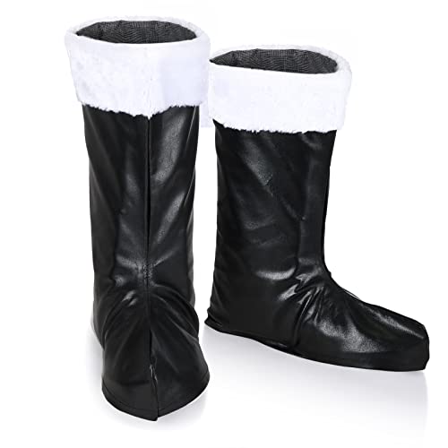 Christmas Santa Boot Covers PU Leather Santa Boot Tops Fancy Dress Footwear for Adults Simulation Party Cosplay, Black