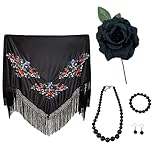 Pack accesorios flamenca mujer para feria de abril, mantón, Flor Rosa artificial con palo, bisutería perlas de plástico, traje flamenco, sevillanas (Pack Negro Flor Negra 6pcs, Mantón 150*70)
