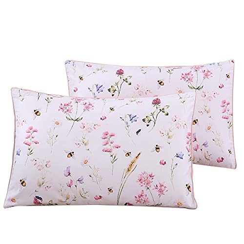 Image of WINLIFE 100% Cotton Pillowcases Queen Size Pink Floral Bees Printed Pillow Cover 2 Pack, Super Soft Envelope Closure Queen Pillow Case Set (Queen, 20"x30")