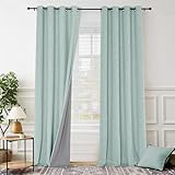 PONY DANCE Seafoam Green 100% Blackout Linen Curtains for Bedroom 84 Inches Long, Thermal Insulated Grommet Curtain for Living Room, Noise Reducing Window Treatment Drapes 2 Panels Set, 52' W x 84' L