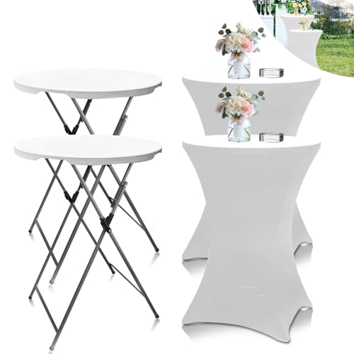 THESEATOP 2Sets 32in Hightop Folding Cocktail Tables+Covers White-Spandex Stretch Folding Bar Table Covers Removable Legs Bar Height Folding Table Outdoor Indoor Use (2+2White/2Covers+2Tables)