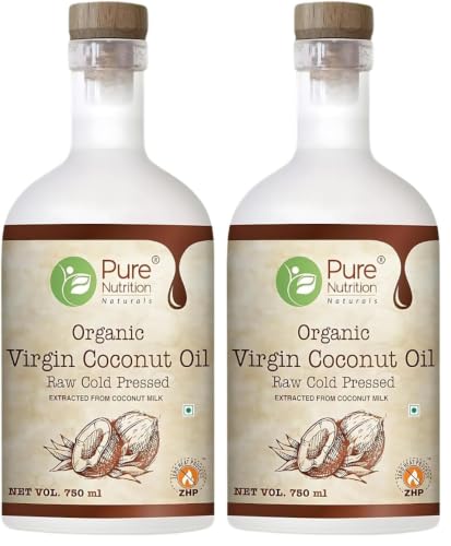 Image of Pure Nutrition Organic Virgin Coconut Oil, 750ml Glass Bottle | Raw Cold Pressed | 100% Pure | Nourishes Skin & Hair, Reduces Hair Fall, Ideal for Baby Massage, Wellness & Care (Pack of 2)