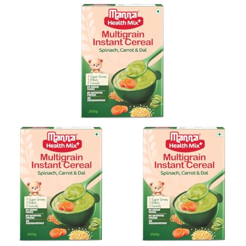 Image of Manna Health Mix Instant Multigrain Cereal, Spinach, Carrot, Dal with Milk. Made with Real Vegetables and 8 super grains and millets. No Added Sugar, No Artificial Color, Flavors 200g (Pack of 3)